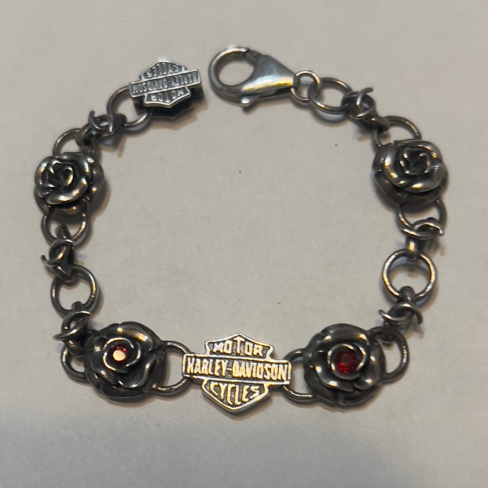 Rare Beautiful Harley Davidson Garnet & Rose Sterling Silver Bracelet